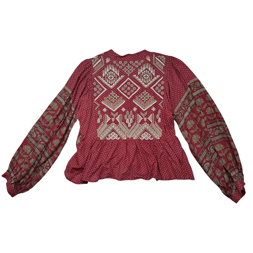 Anthropologie Keira Embroidered Peplum Women's 8 Red Long Sleeve V Neck Boho - Picture 4 of 12